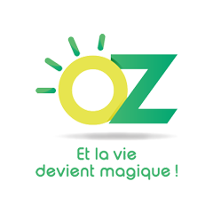 Logo OZ de couleur vert et jaune avec pour slogan : "Et la vie devient magique !"